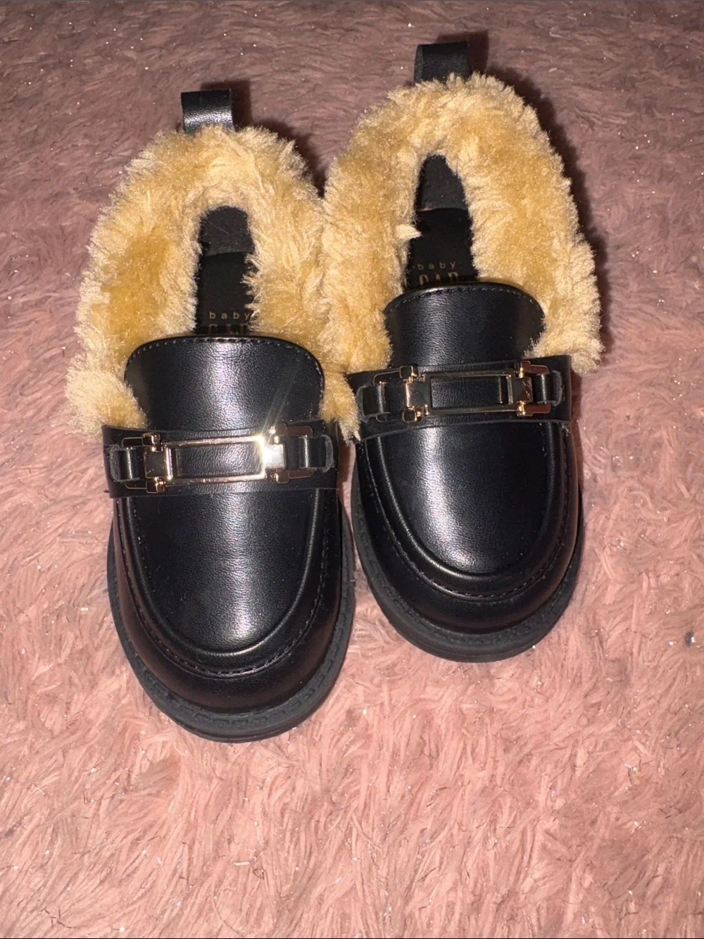 GAP Black Loafers with Yellow Faux Fur Trim and Gold Hardware